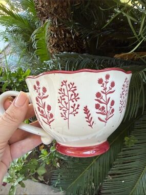 Large White and Red Floral Ceramic Teacup